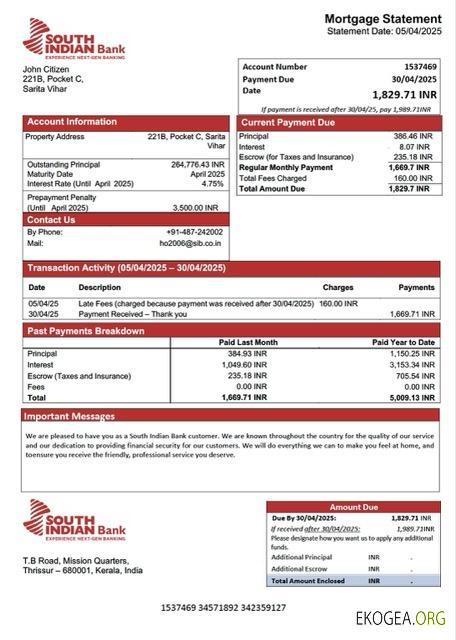 Modèle Word et PDF de relevé hypothécaire de la South Indian Bank de l'Inde